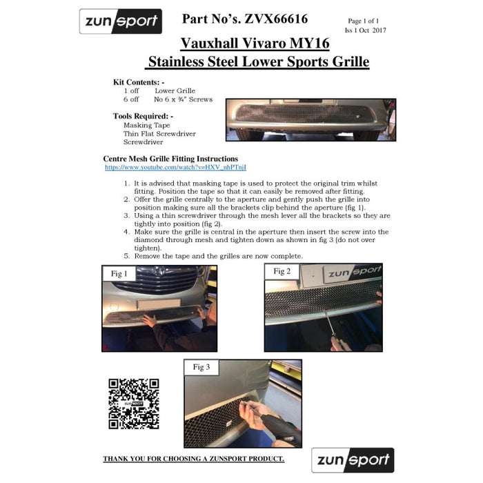 Vauxhall Vivaro My16 - Lower Grille - Zunsport