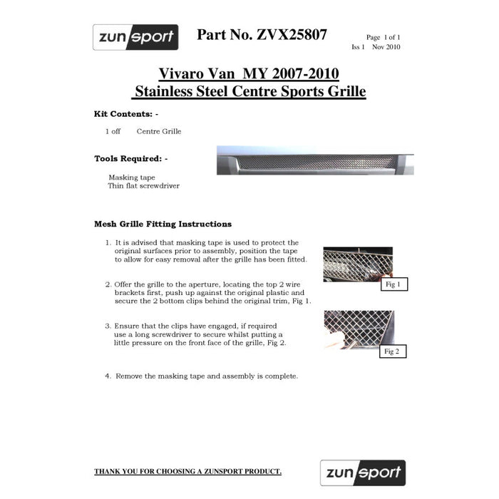 Vauxhall Vivaro - Centre Grille - Zunsport