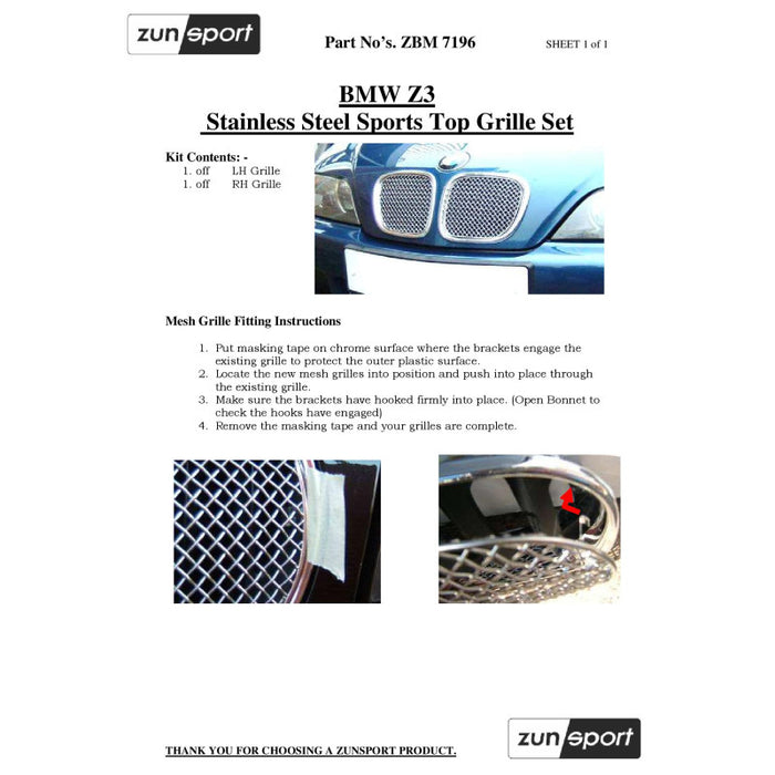 BMW Z3 2.2 And 2.9 Models Front Grille Set - Zunsport