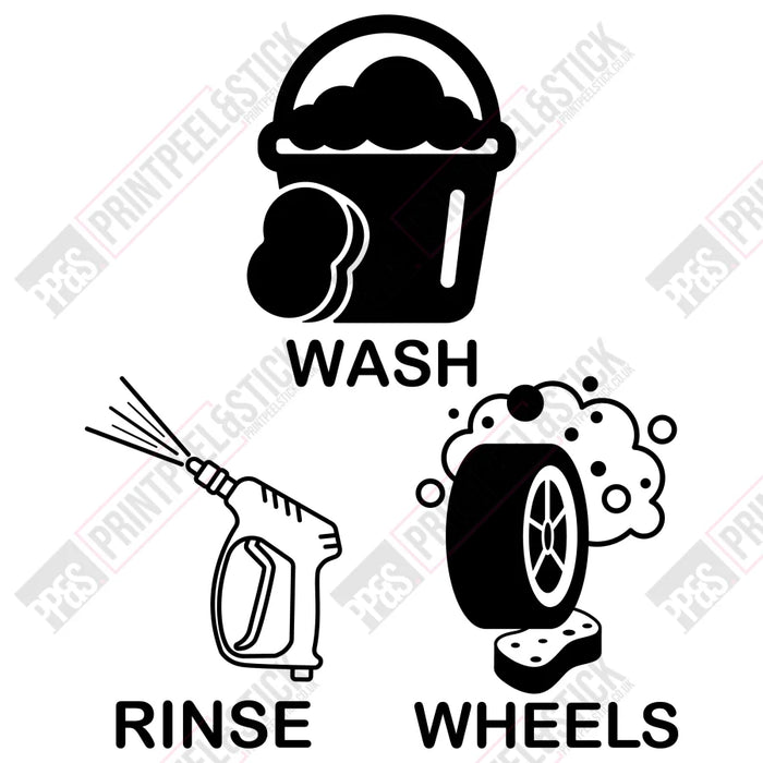 "Wash", "Rinse" & "Wheels" bucket stickers