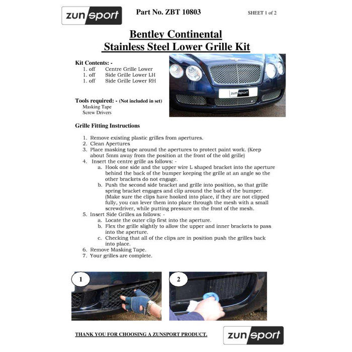 Bentley Continental Gt Lower Grille (Grill) Set - Zunsport