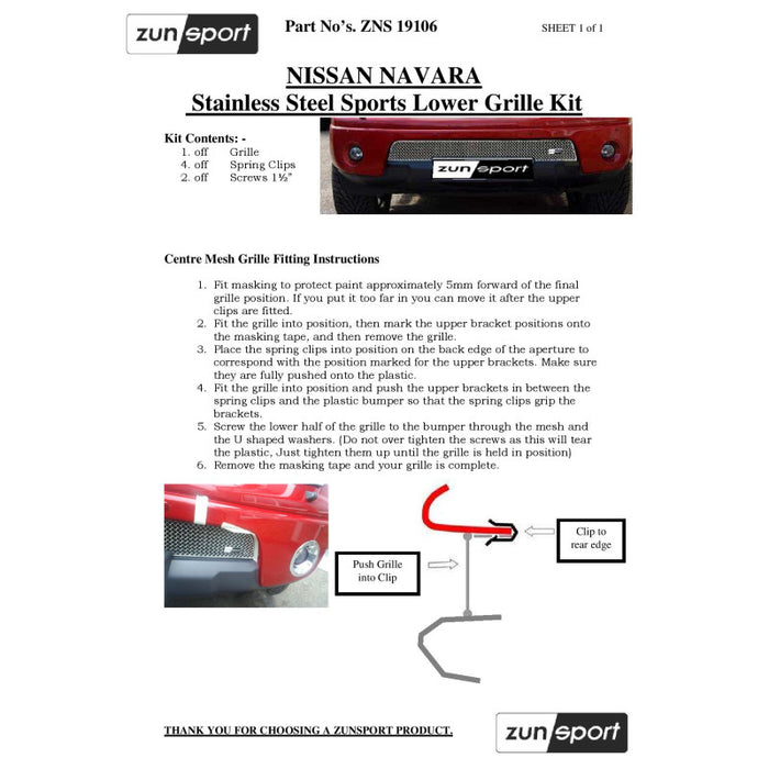 Nissan Navara - Lower Grille - Zunsport