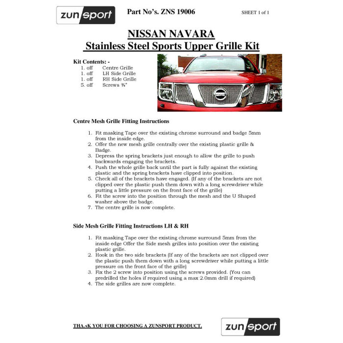 Nissan Navara - Top Grille Set - Zunsport