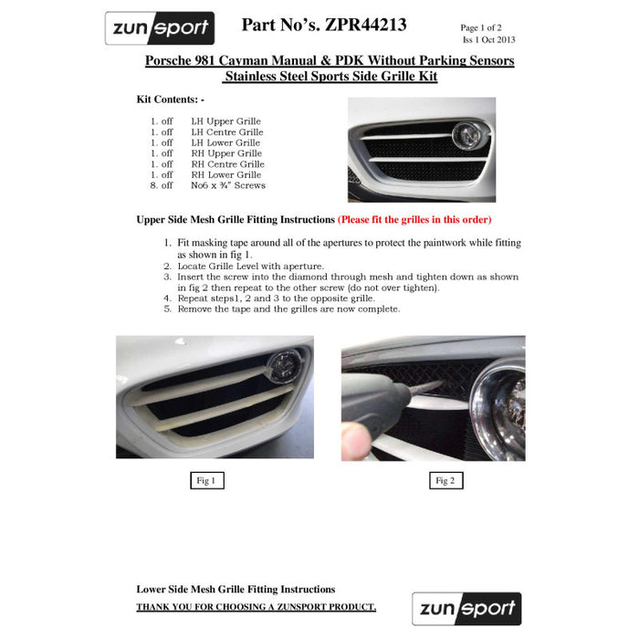 Porsche Cayman 981 (Manual/Pdk Without Sensors) - Front Grille Set - Zunsport