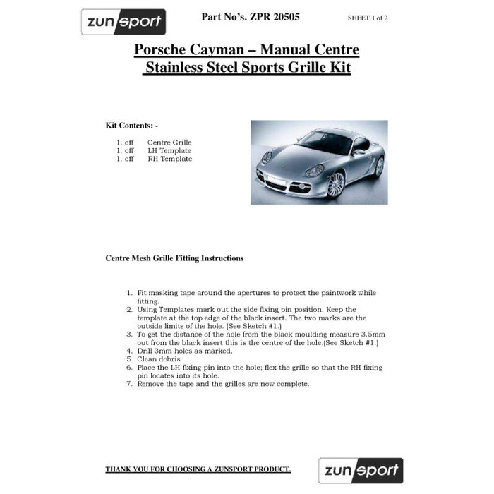 Porsche Cayman 987.1 - Centre Grille (Manual And Tiptronic) - Zunsport