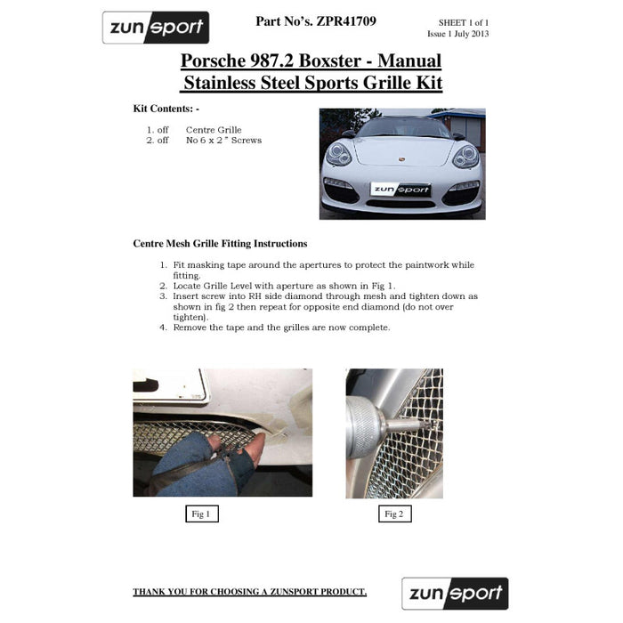 Porsche Boxster 987.2 Manual - Front Grille Set - Zunsport