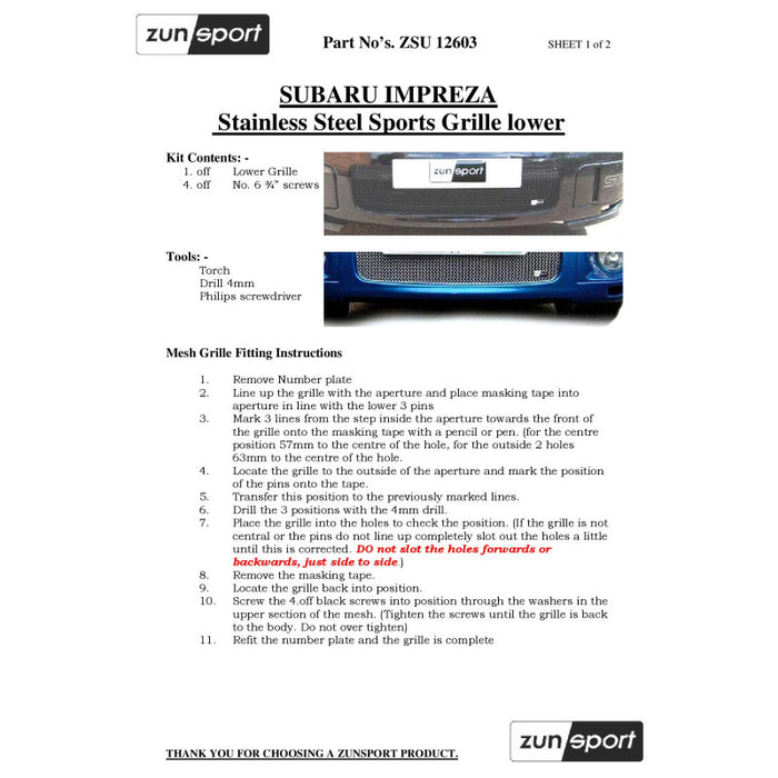 Subaru Impreza Blob Eye Full Span Lower Grille - Zunsport