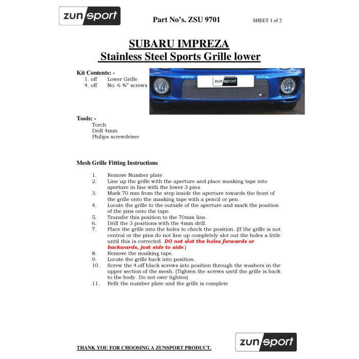 Subaru Impreza Bug Eye - Lower Grille - Zunsport