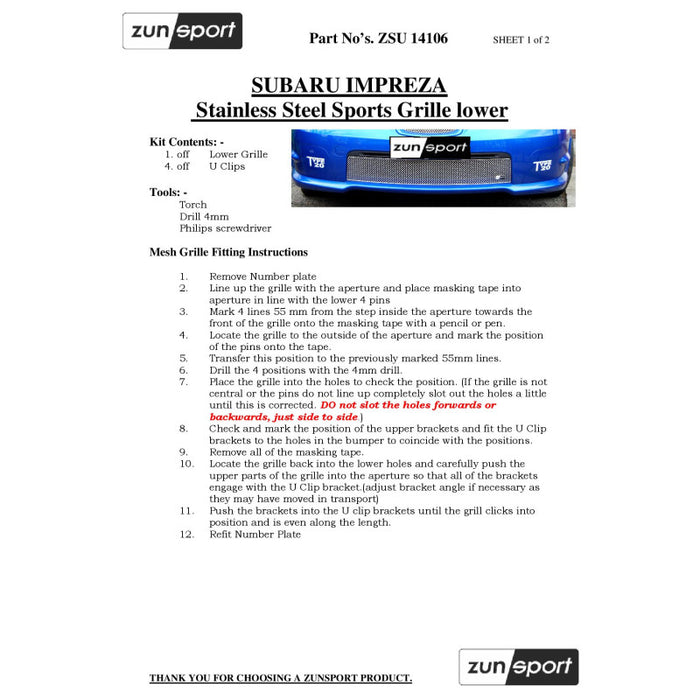 Subaru Impreza Hawkeye - Lower Grille - Zunsport