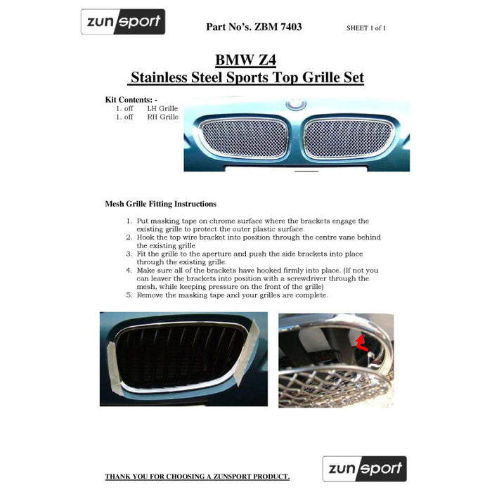 BMW Z4 E85 / E86 Front Grille Set - Zunsport